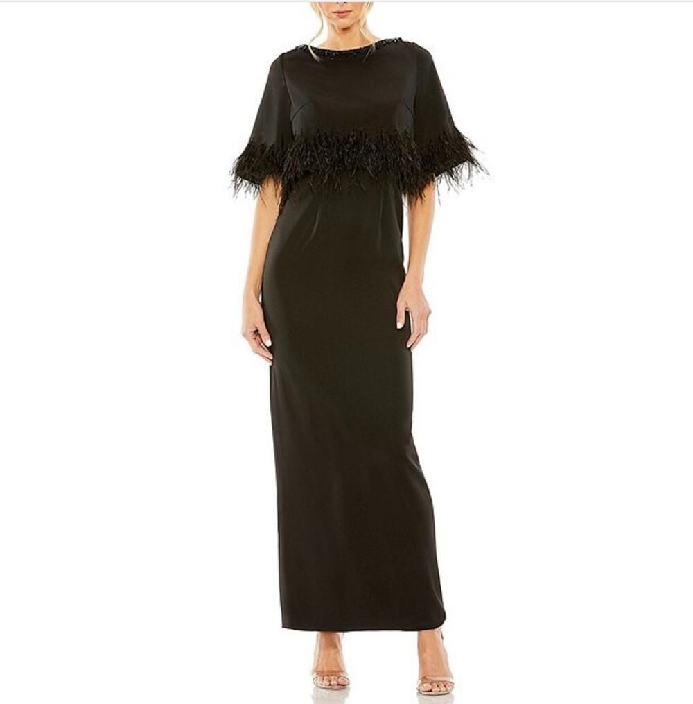 Mac Duggal 11787 Black Evening Gown Beaded Satin Feathered Column Dress Size 8